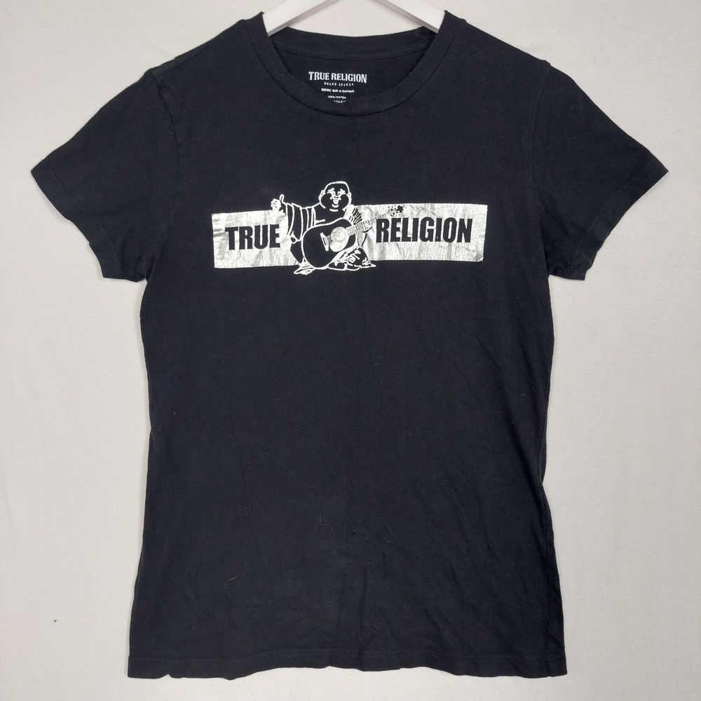 True Religion Mens Black Silver Foil Buddha Guitar Graphic T-Shirt Size Medium